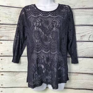 Maurices Women's XL Black Lace Overlay Top 3/4 Sleeve Sheer Floral Knit Blouse
